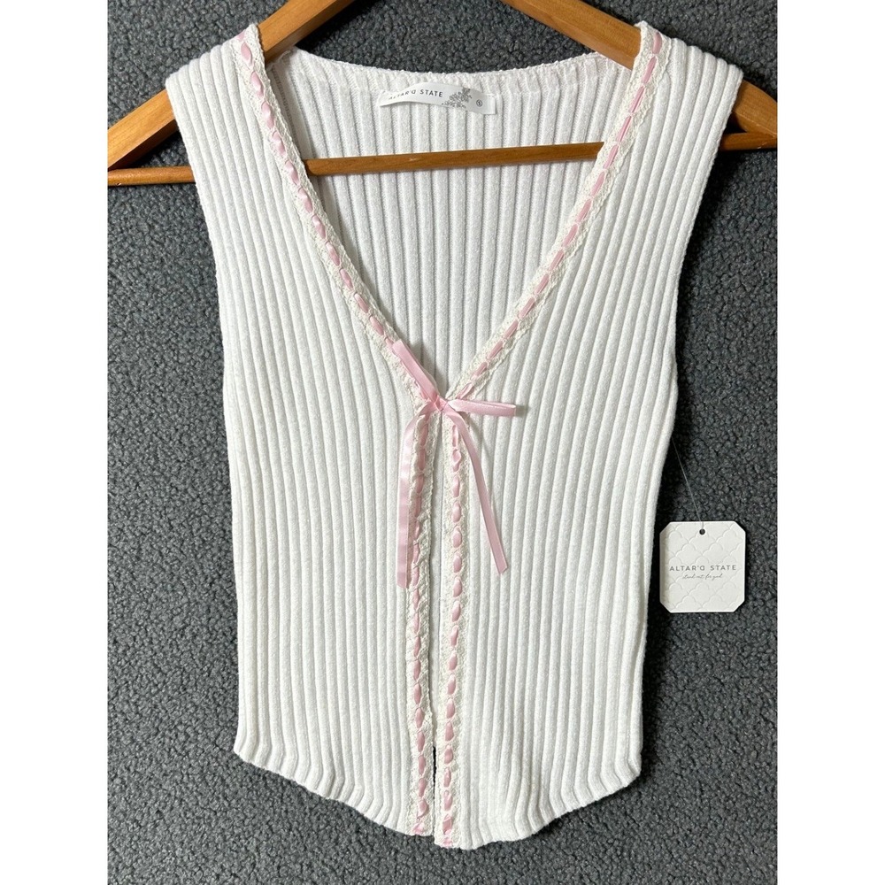Altar'd State Ribbed Tank Top Womens Small Ivory Pink Ribbon Lace Coquette NEW